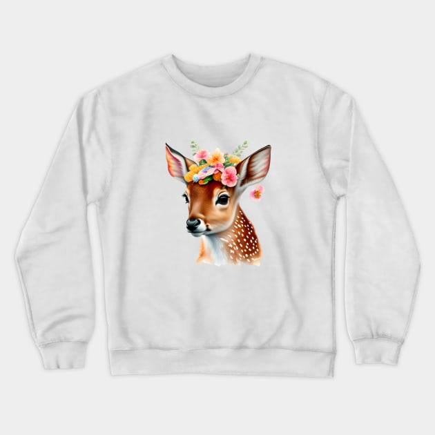 Cute Fawn with flowers Crewneck Sweatshirt by tfortwo